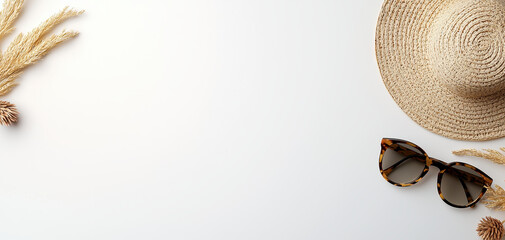 Minimal flat lay composition of sunglasses and straw hat on white background representing summer fashion and lifestyle.