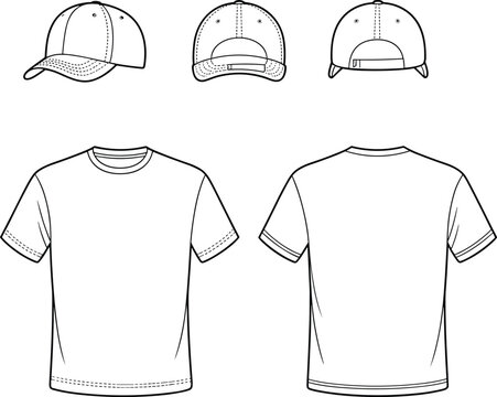 White t-shirt and baseball cap front back and side views apparel clothing