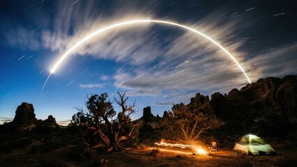 Night Sky Rocket Launch Over Desert Campsite With Tent And Bonfire Stars Clouds Dramatic Arc Light