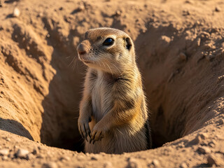 A ground squirrel standing at the entrance of its burrow in a desert environment