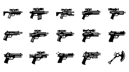 A collection of futuristic weapon icons including firearms and an axe for gaming or sci-fi concepts © Goblik