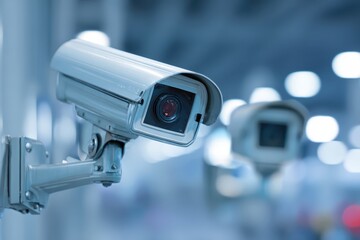 Close-up of surveillance wireless video camera with infrared technology. Modern Industry IP CCTV camera have waterproof protect cover. Concept industrial security system. Blue color toning copy space