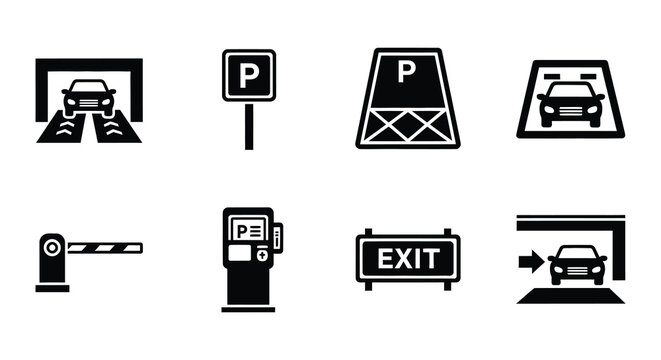 Collection of black and white parking exit and payment icons