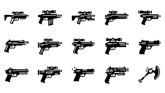 A collection of futuristic weapon icons including firearms and an axe for gaming or sci-fi concepts