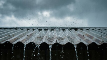 Rain Falling on Corrugated Metal Roof with Dark Stormy Clouds Above