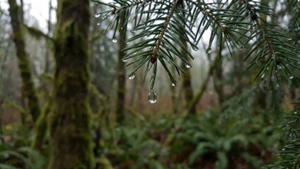 Raindrops on Pine Needles in Mossy Forest During Overcast Day