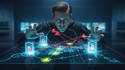 Intense and determined middle-aged man with short dark hair, wearing a black high-tech jacket, intently interacts with a complex holographic projection of a digital city map overlaid with glowing
