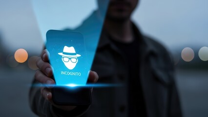 A sleek, modern smartphone displaying a vibrant blue incognito mode interface with a stylized white silhouette of sunglasses and the word "INCOGNITO" prominently featured, is being held in the