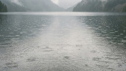 Rainy Day Over a Serene Lake Surrounded by Moody Mountains and Foggy Atmosphere