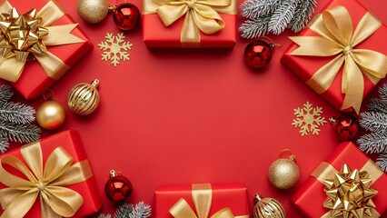 Red Christmas background with gift boxes, ornaments and pine branches forming festive border with copy space

