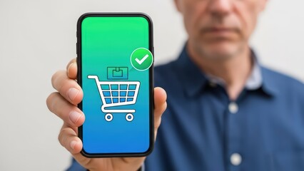 A sleek, modern black smartphone displaying a vibrant gradient screen featuring a white line-art shopping cart icon with a packaged box inside, accompanied by a green checkmark symbol, is being held