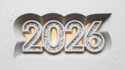 Intricate layered white papercut numerals representing the year 2026, exhibiting a delicate filigree design with floral and geometric patterns, are dynamically arranged with subtle shadowing to create