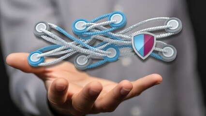 Futuristic interconnected network security system, comprised of silver and teal zipper-like cables connected to circular nodes and culminating in a shield-shaped interface with a pink and teal