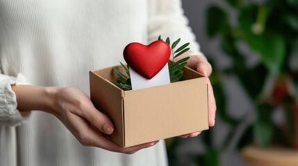 Gift box with heart symbol and greenery in cozy indoor setting