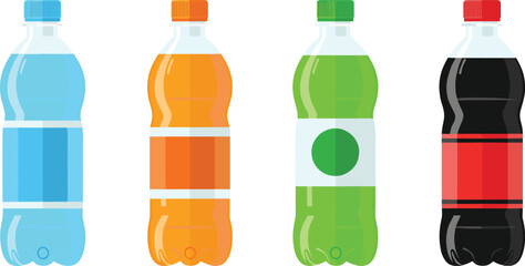 Plastic Beverage Bottle Set Vector Illustration with Colorful Soda and Water Containers for Packaging Design, Branding Mockups, and Drink Advertising Projects
