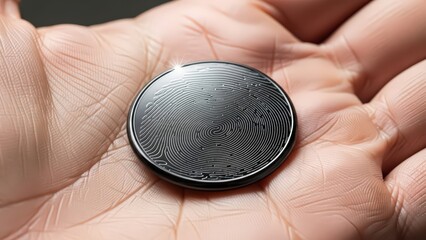 Sleek, circular biometric security token crafted from polished dark metal with a prominent, detailed fingerprint pattern etched onto its surface, is being gently held in the palm of a human hand under