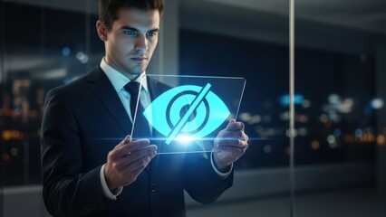 A sharply focused, professionally dressed businessman in a dark suit and tie intently holds a glowing, rectangular transparent screen displaying a bright blue digital icon of an eye with a diagonal