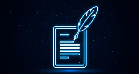 Neon blue glowing document icon with a feather quill on a dark background