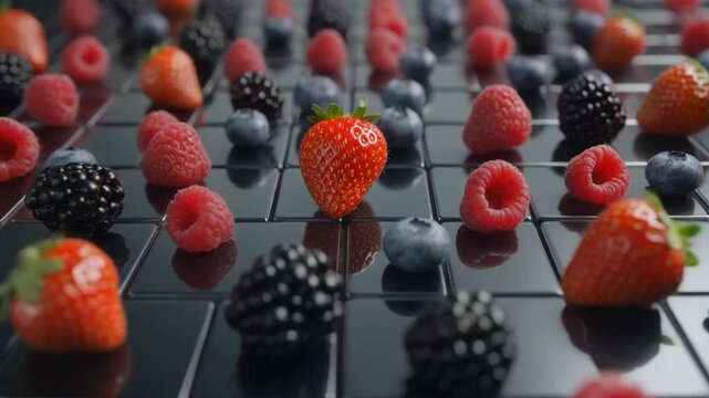 Berry checkerboard on reflective tiles pattern background