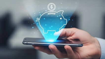Illuminated, glowing white outline of a charming piggy bank with a dollar sign hovering above, digitally projected from a sleek black smartphone held in a human hand, bathed in soft, focused light