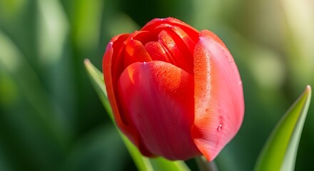 Vibrant Red Tulip Blossom in Spring Sunlight.