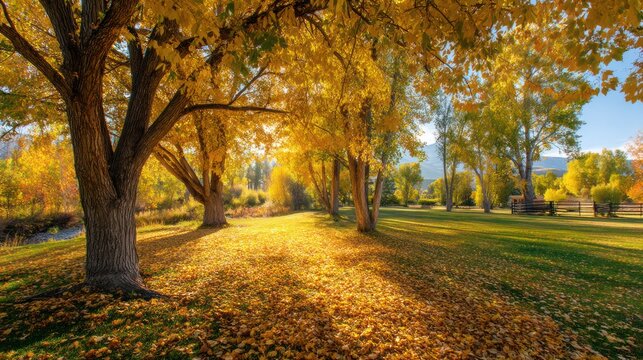 A golden fall landscape with trees shedding their leaves and the ground covered in autumn colors.