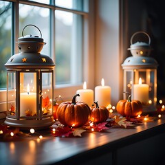 Autumn lanterns and pumpkins on windowsill