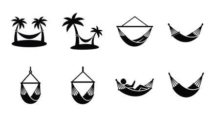 Black and white illustrations of hammocks and palm trees on islands © nurjahan
