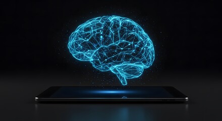 Luminous digital brain network emerging from a smartphone, symbolizing advanced artificial intelligence, deep learning, and innovative technology progress