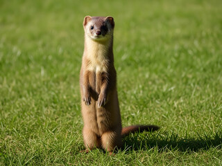 Alert stoat standing upright in lush green grass
