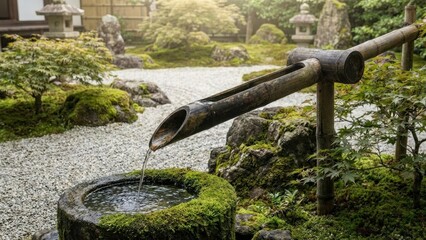Tranquil Japanese Zen Garden With Bamboo Water Feature And Moss Covered Rocks In Soft Sunlight