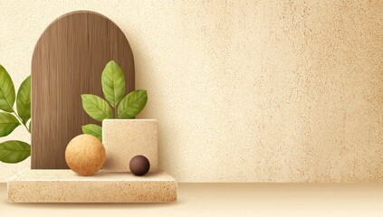 Abstract composition with wooden arch leaves and geometric shapes on a beige surface