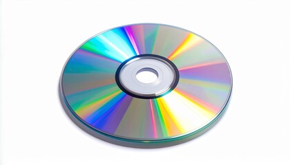 Compact disc with rainbow reflection isolated on white background, digital storage technology.