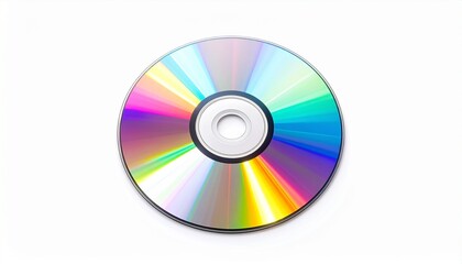 Compact disc with rainbow reflection isolated on white background, digital storage technology.