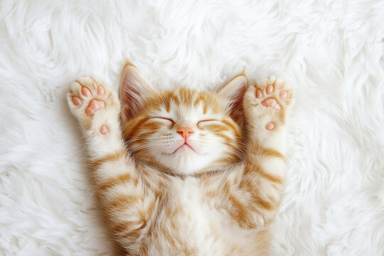 Cute orange tabby kitten sleeping on a fluffy white surface with paws stretched out