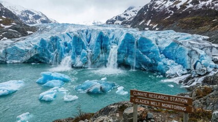 Vibrant Blue Glacier Ice Wall Cascading Into Turquoise Water With Jagged Mountains Above