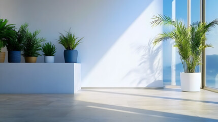 Sunlit modern interior cloud dancer 2026 bright minimal room with potted plant near window creating serene shadow play and airy atmosphere