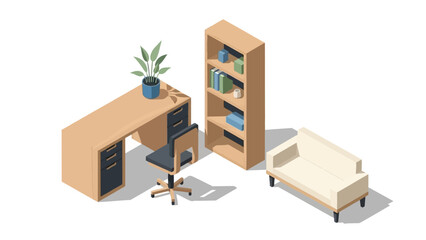 Modern office furniture set: isometric desk, chair, couch, and bookshelf