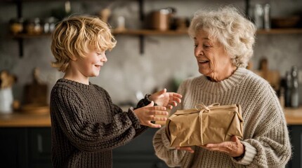 A warm, commercial-style scene of a grandson presenting a wrapped gift to his smiling grandmother.
