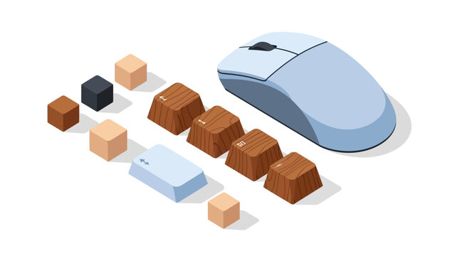 Modern isometric computer mouse and wooden keyboard keys on white background