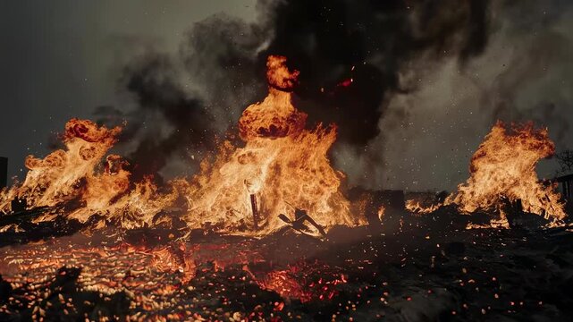 Intense flames and swirling smoke dominate a fiery landscape, set against a dark sky. embers and ash fill the air, creating a sense of chaos and destruction, symbolizing the power and unpredictability