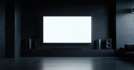 Fototapeta premium Dark modern living room features large screen television, sleek console, speakers. Minimalist design creates dramatic ambiance.