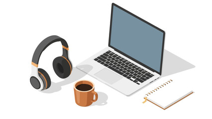 Isometric work desk with laptop, headphones, coffee, and notebook for modern office setup