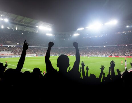 Silhouetted crowd cheering with arms raised at a brightly lit sports stadium during a night game.