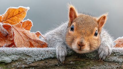 Fototapeta premium Squirrel resting on frosty snowy fence with autumn leaves - nature wildlife close-up for seasonal print, card, poster