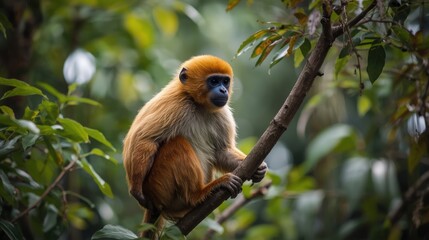Obraz premium A beautiful golden monkey sits calmly on a tree branch in its natural jungle habitat