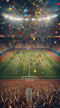 empty stadium arena celebration a victory by strewn with confetti with animated fans crowd in the sunny day lights. High quality 4k footage