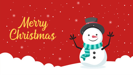 Merry Christmas Snowman On Snowy Ground With Red Background And Festive Greeting Card Scene.