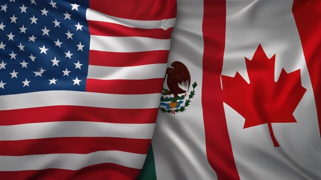 United States Mexico and Canada Flags Waving Together Representing North American Trade and Unity