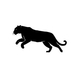 Black panther silhouette in a dynamic leaping pose on a white background, showcasing its powerful and agile form.